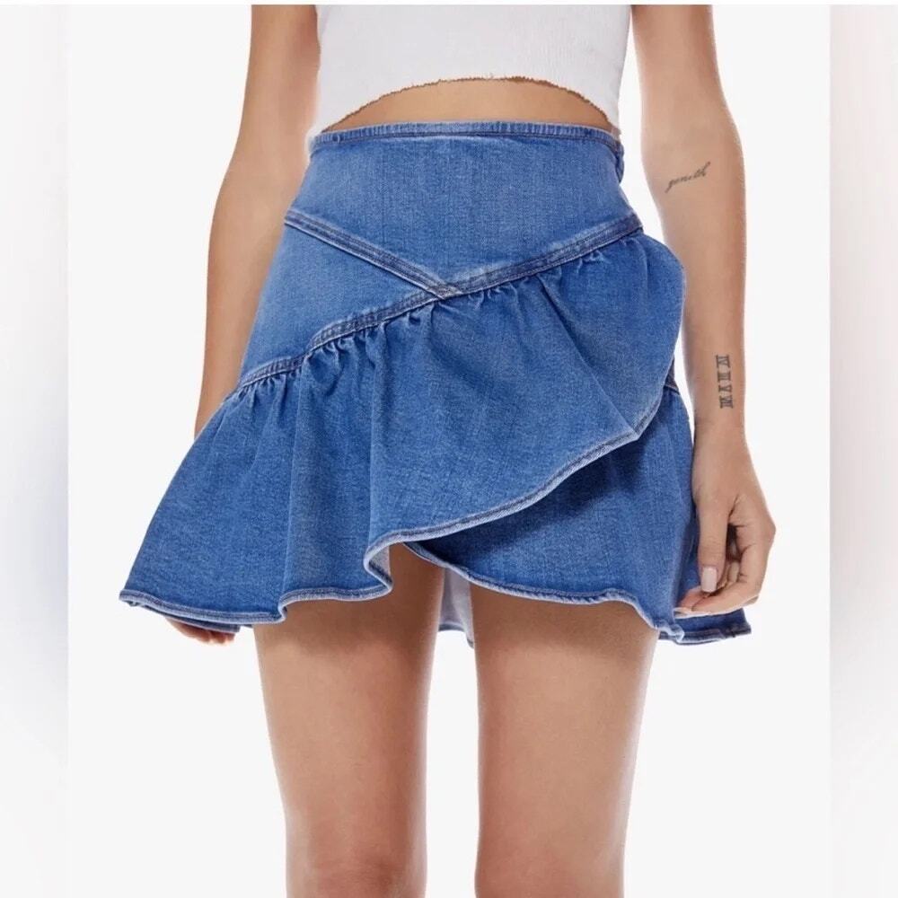MOTHER The Minx Denim Mini Skirt Layover Ruffle Asymmetric SZ 28